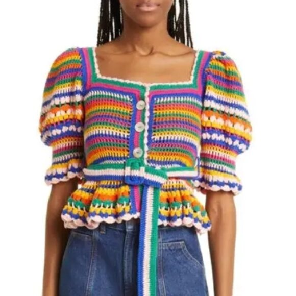 FARM Rio Sweaters - NWOT Rare Farm Rio Stripe Multicolor Crochet Cotton Blend Sweater/Top S $240